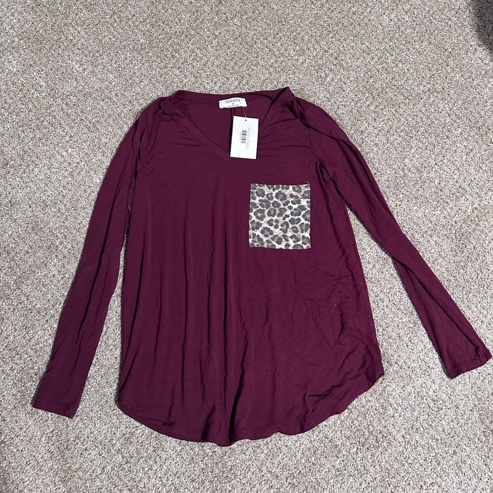 Women's Burgundy Long Sleeve Top with Leopard Pocket